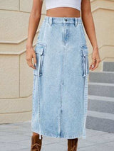 Slit Pocketed High Waist Denim Skirt - Trendsi - Flyclothing LLC