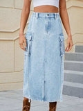 Slit Pocketed High Waist Denim Skirt - Trendsi - Flyclothing LLC