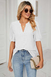 Eyelet Short Puff Sleeve Notched Neck Top - Trendsi - Flyclothing LLC