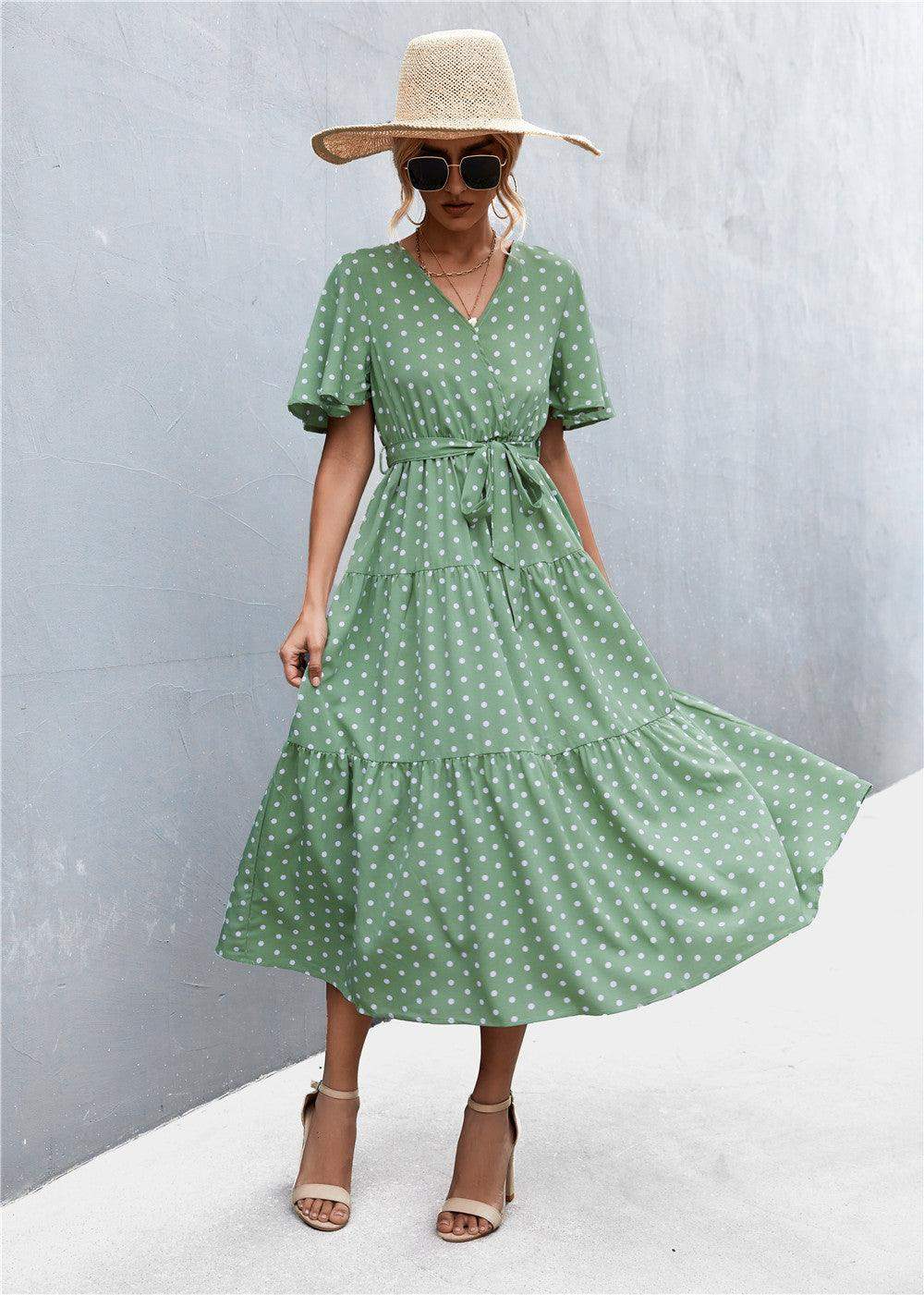 Printed V-Neck Flutter Sleeve Belted Dress - Trendsi - Flyclothing LLC