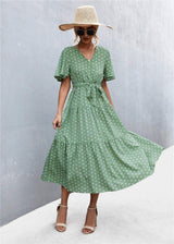 Printed V-Neck Flutter Sleeve Belted Dress - Trendsi - Flyclothing LLC