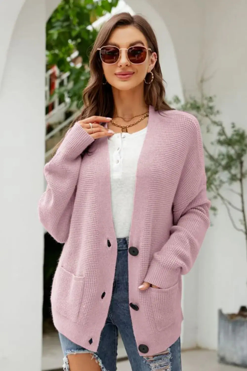 Waffle-Knit Dropped Shoulder Cardigan - Trendsi - Flyclothing LLC