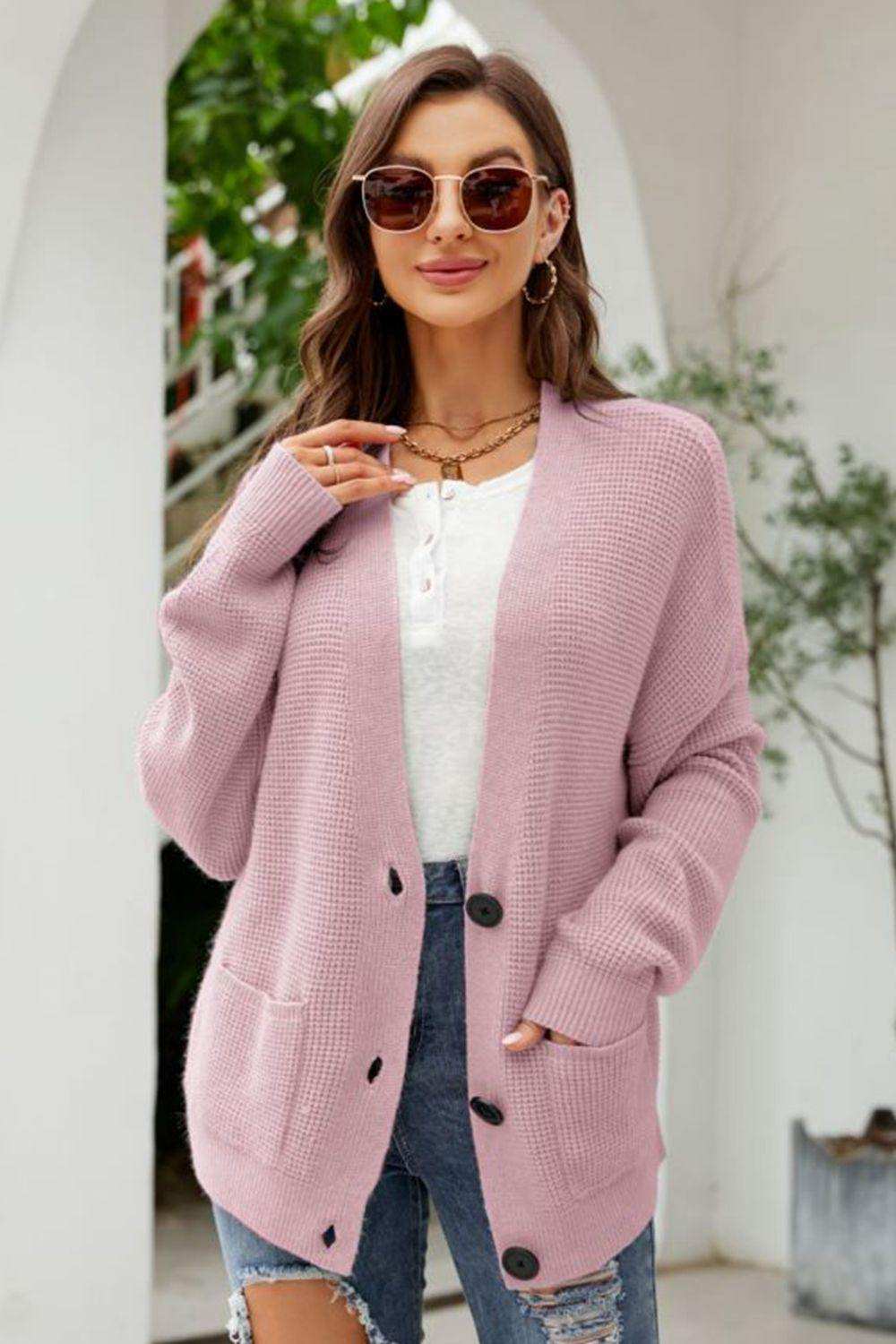Waffle-Knit Dropped Shoulder Cardigan - Trendsi - Flyclothing LLC