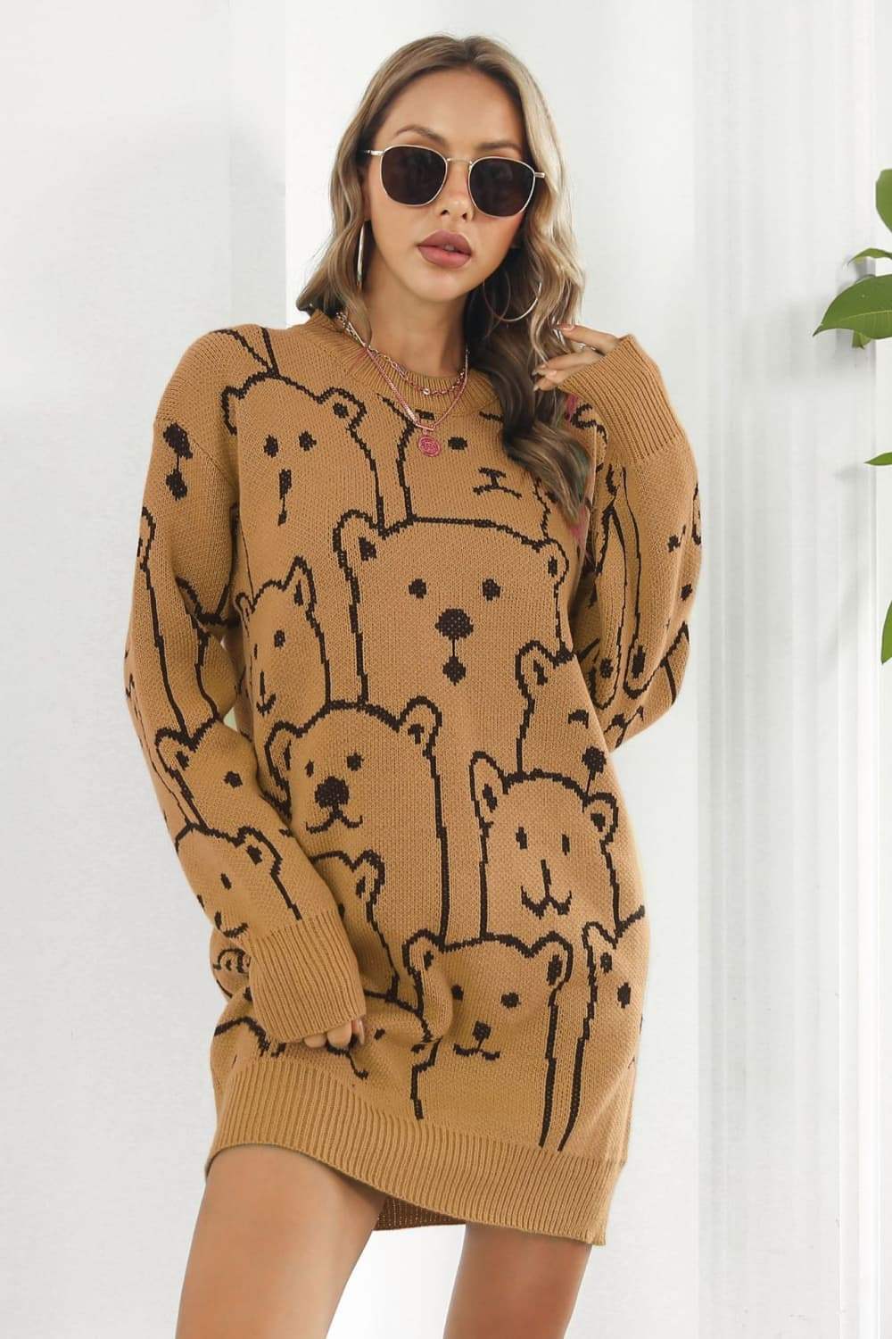 Bear Pattern Round Neck Sweater Dress - Trendsi - Flyclothing LLC