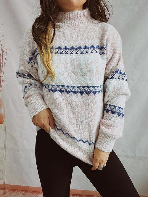 Geometric Mock Neck Dropped Shoulder Sweater - Trendsi