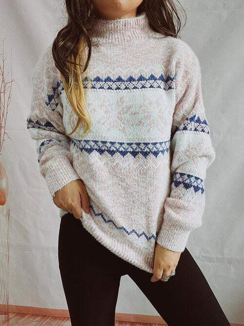 Geometric Mock Neck Dropped Shoulder Sweater - Trendsi - Flyclothing LLC