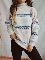 Geometric Mock Neck Dropped Shoulder Sweater - Trendsi