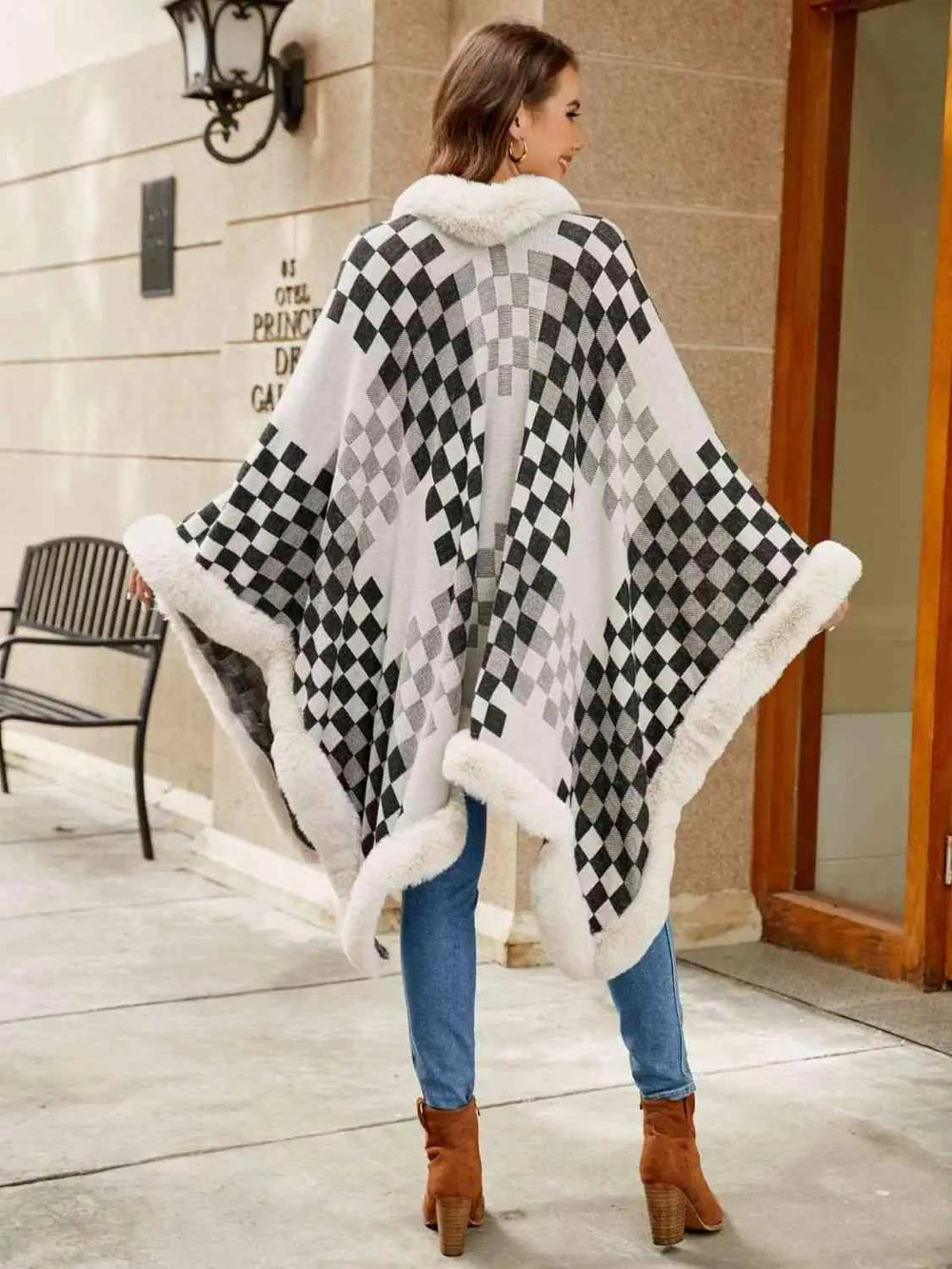 Checkered Faux Fur Trim Poncho - Trendsi - Flyclothing LLC