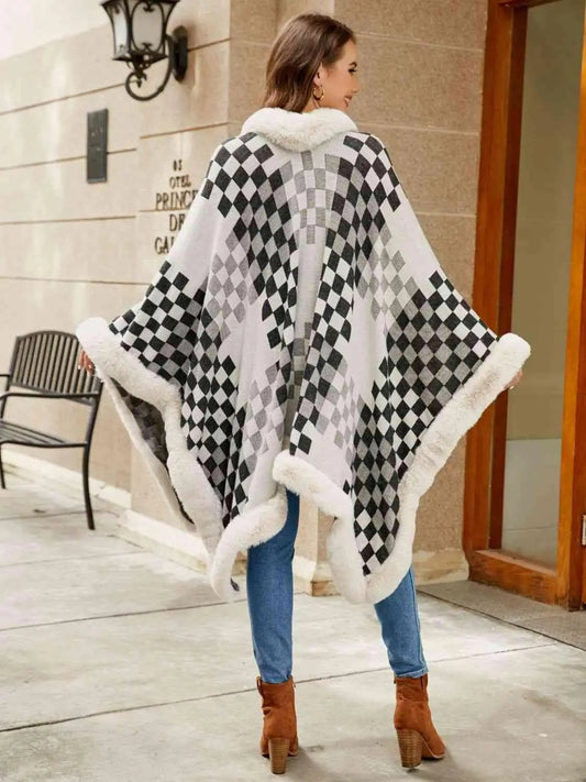 Checkered Faux Fur Trim Poncho - Trendsi