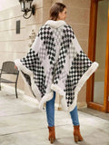 Checkered Faux Fur Trim Poncho - Trendsi