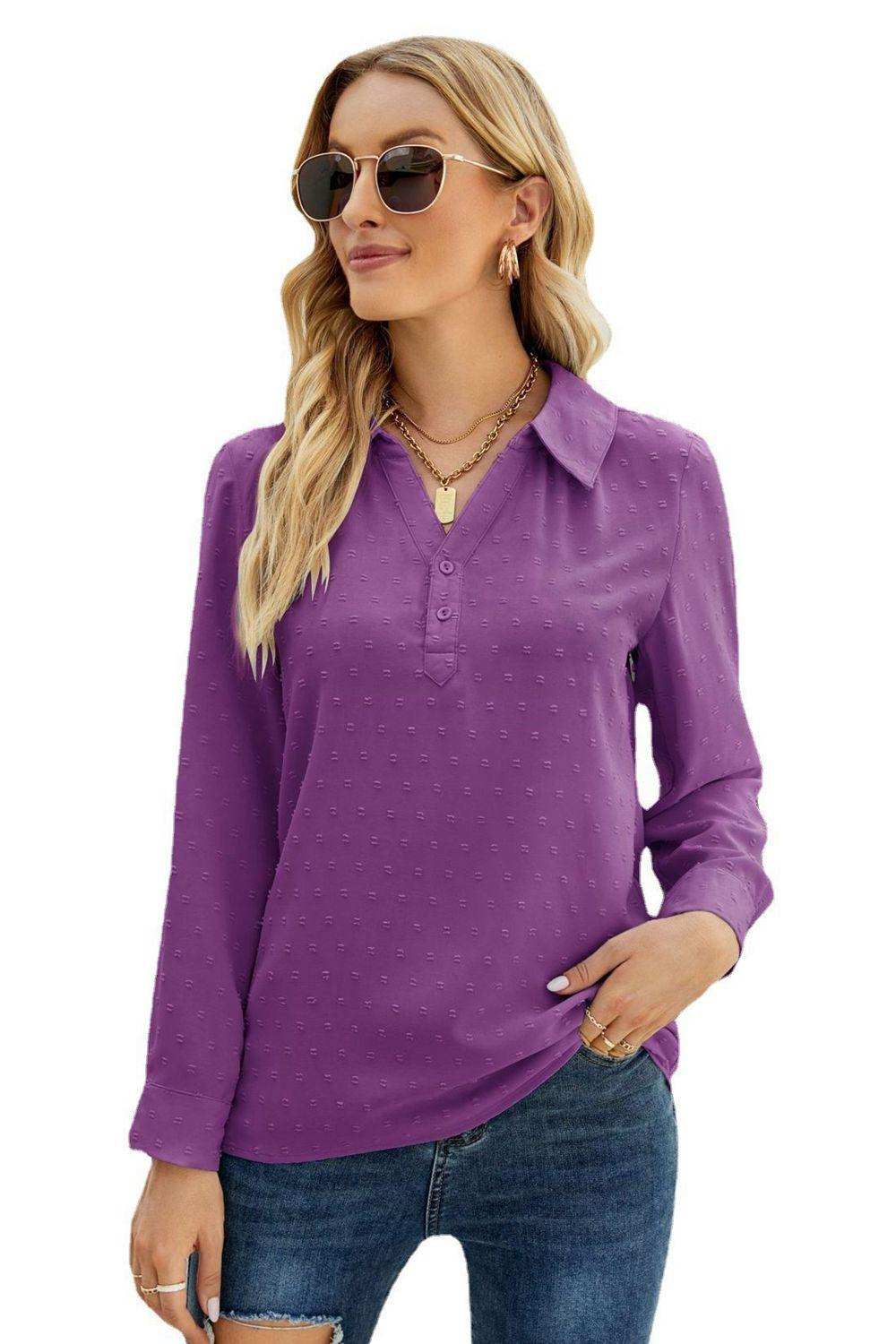 Swiss Dot Johnny Collar Blouse - Trendsi - Flyclothing LLC