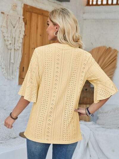 Eyelet Notched Half Sleeve T-Shirt - Trendsi - Flyclothing LLC
