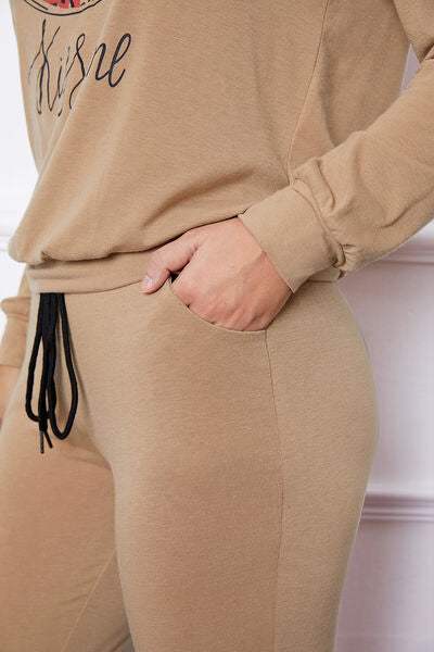 SHUT UP AND KISS ME Lip Graphic Hooded Top and Drawstring Pants Set - Trendsi - Flyclothing LLC
