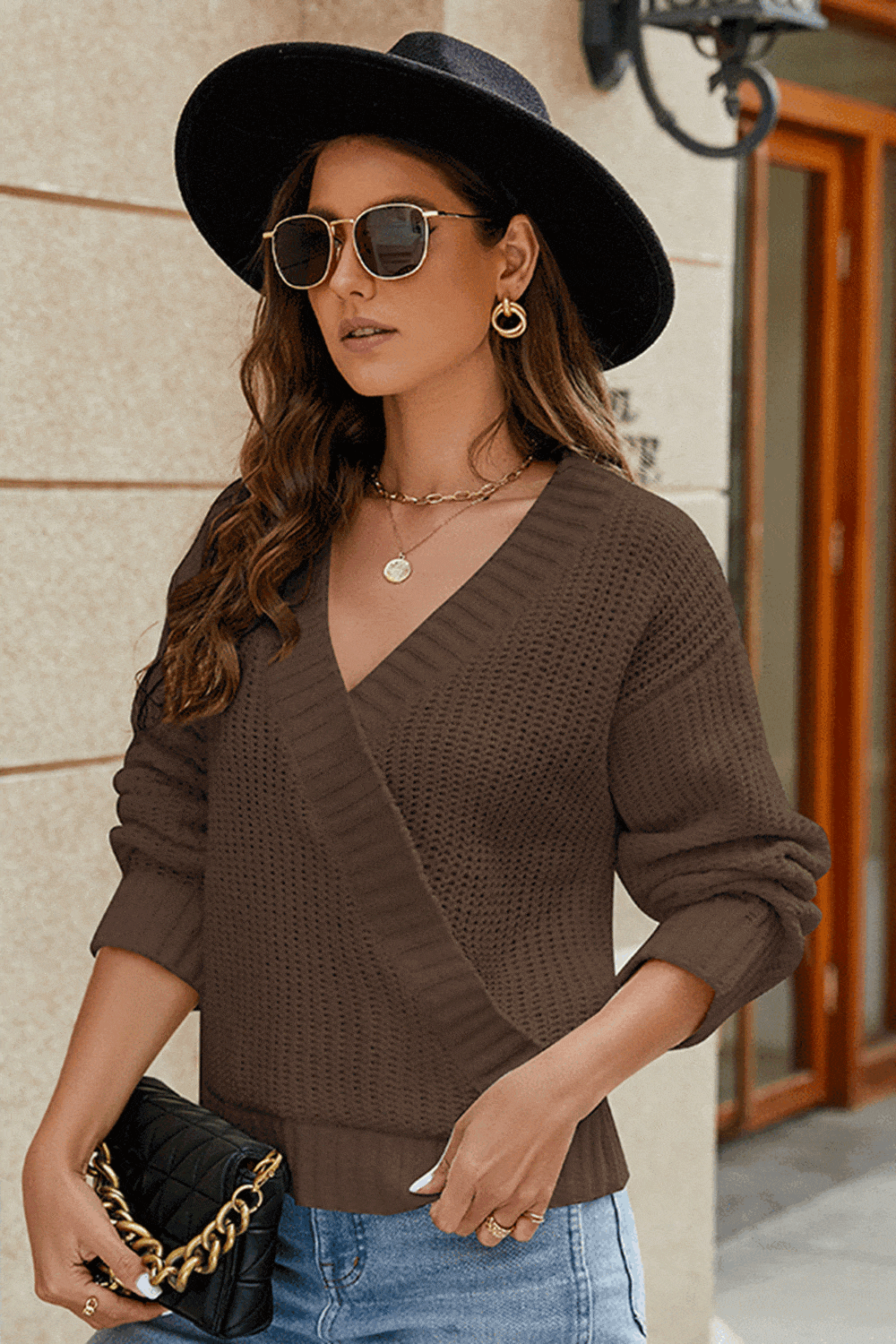 Surplice Neck Long Sleeve Sweater - Trendsi - Flyclothing LLC
