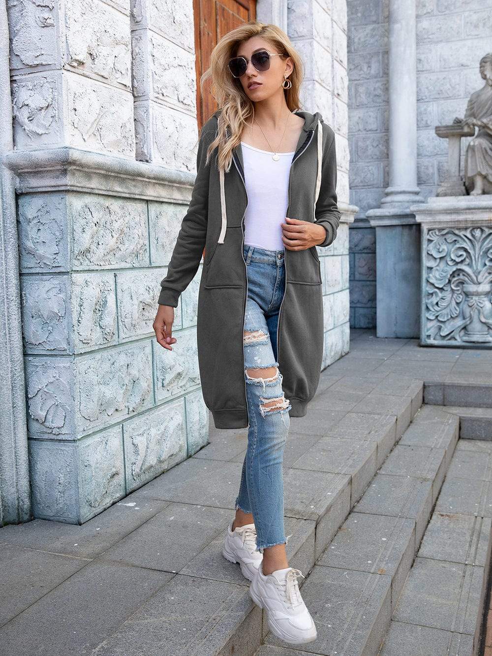 Full Size Zip-Up Longline Hoodie with Pockets - Trendsi - Flyclothing LLC
