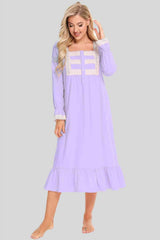 Lace Detail Square Neck Flounce Sleeve Night Dress - Trendsi - Flyclothing LLC