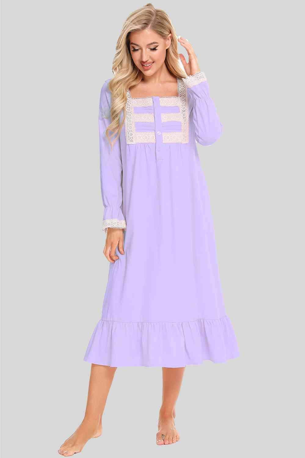 Lace Detail Square Neck Flounce Sleeve Night Dress - Trendsi - Flyclothing LLC