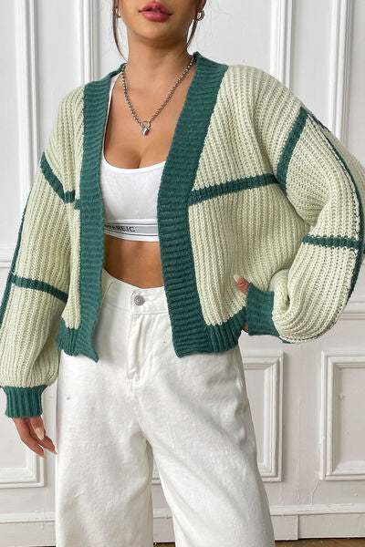 Contrast Open Front Long Sleeve Cardigan - Trendsi - Flyclothing LLC