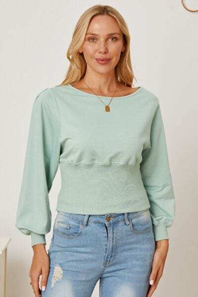 Boat Neck Lantern Sleeve Blouse - Trendsi - Flyclothing LLC