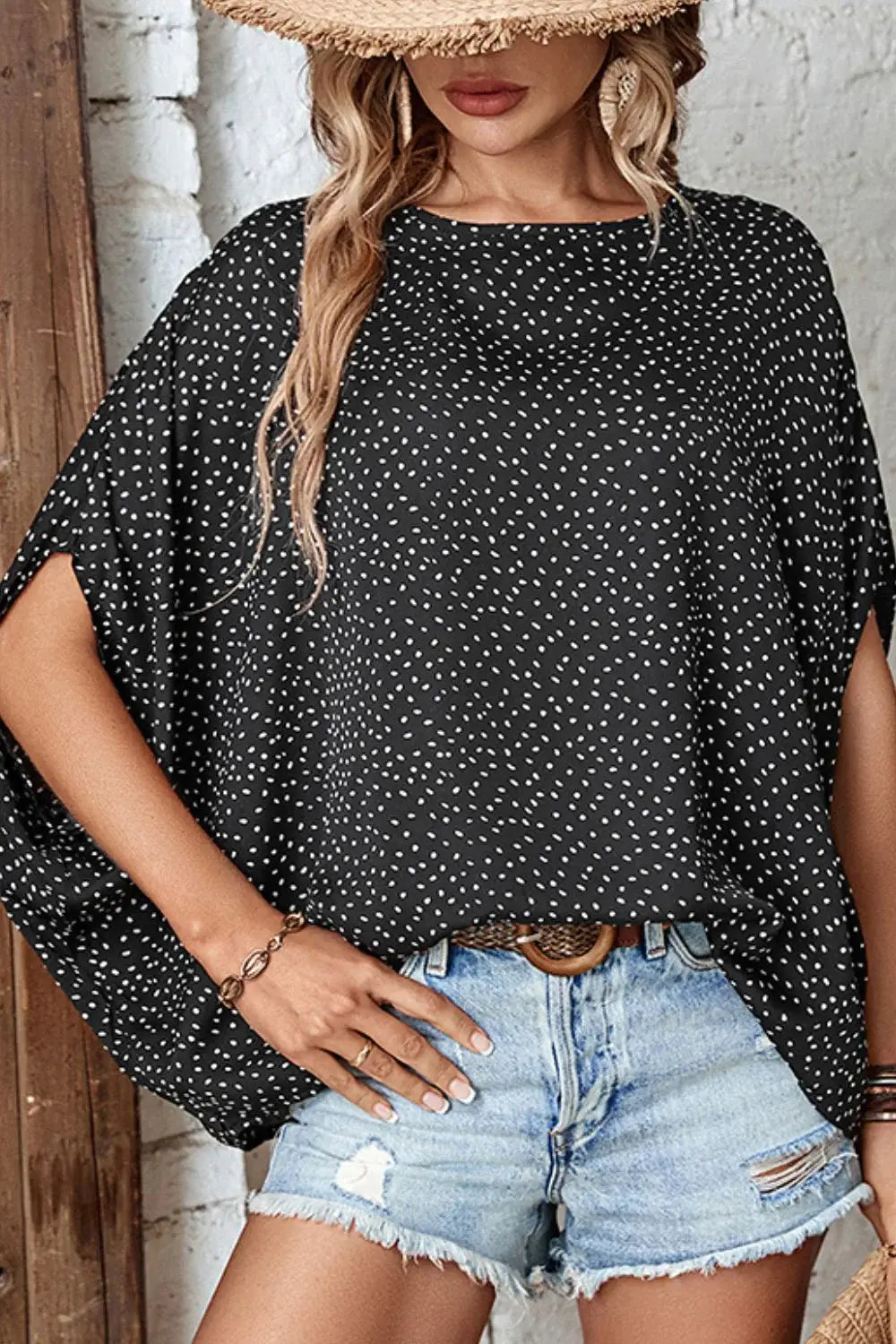 Printed Dolman Sleeve Round Neck Blouse - Trendsi - Flyclothing LLC