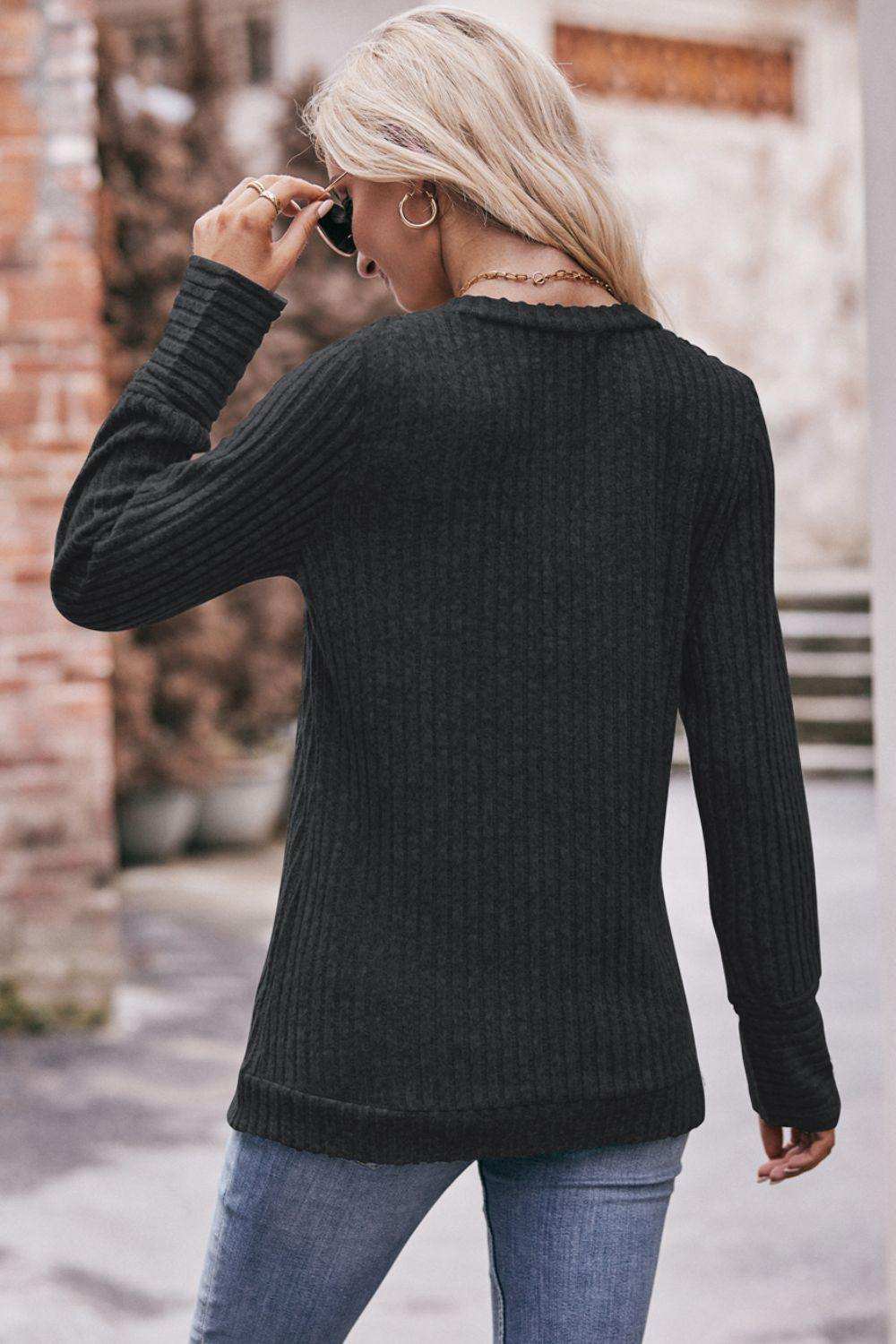 V-Neck Long Sleeve Ribbed Top - Trendsi - Flyclothing LLC