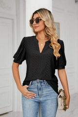 Eyelet Short Puff Sleeve Notched Neck Top - Trendsi - Flyclothing LLC