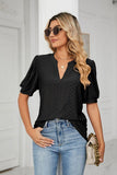 Eyelet Short Puff Sleeve Notched Neck Top - Trendsi