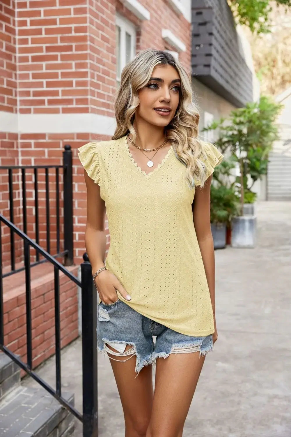 Eyelet Flutter Sleeve Scalloped V-Neck Top - Trendsi - Flyclothing LLC