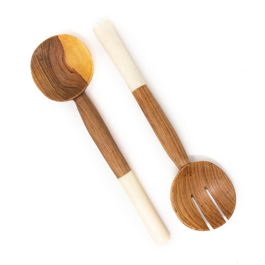 Olive Wood Salad Servers with White Bone - Jedando