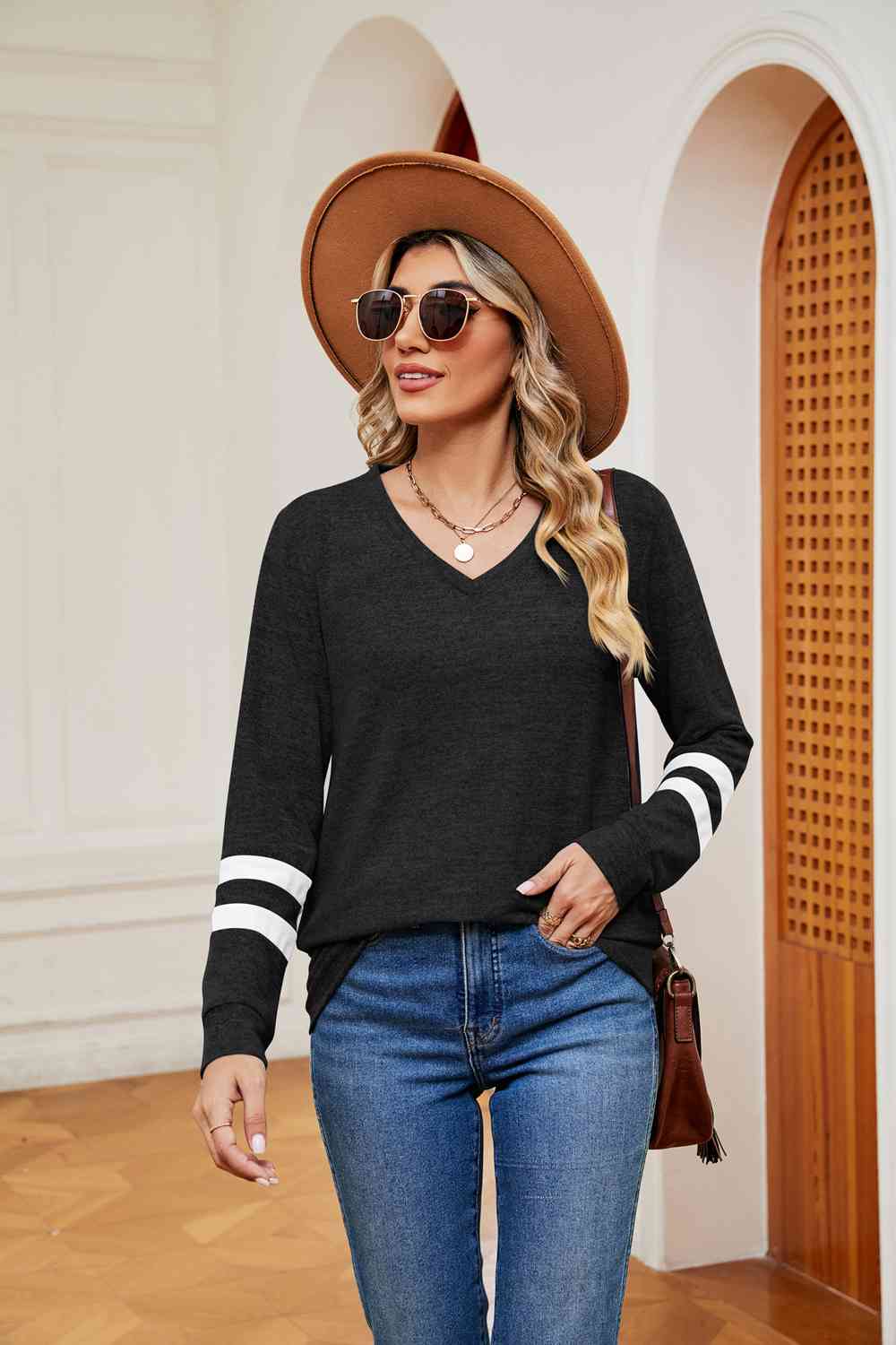 V-Neck Long Sleeve T-Shirt - Trendsi - Flyclothing LLC