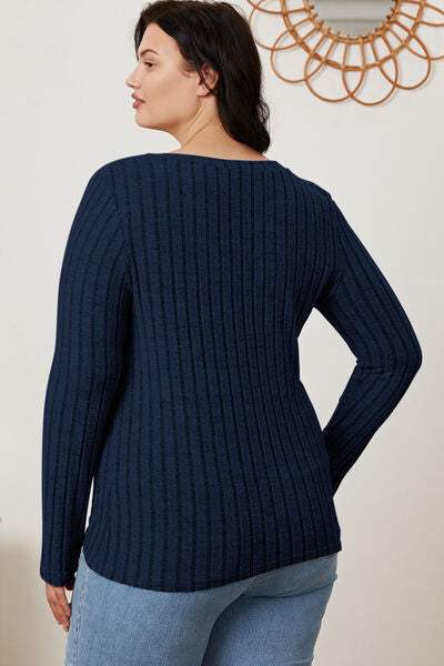 Basic Bae Full Size Ribbed V-Neck Long Sleeve T-Shirt - Trendsi - Flyclothing LLC