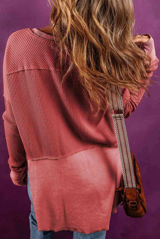 Notched Neck Long Sleeve Slit Blouse - Trendsi - Flyclothing LLC