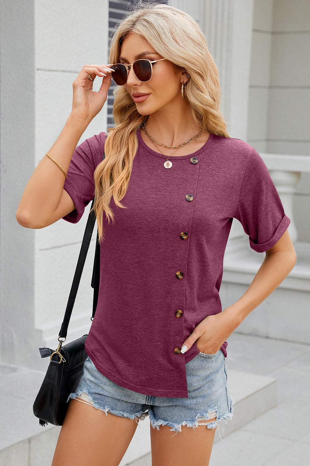 Round Neck Short Sleeve T-Shirt - Trendsi - Flyclothing LLC