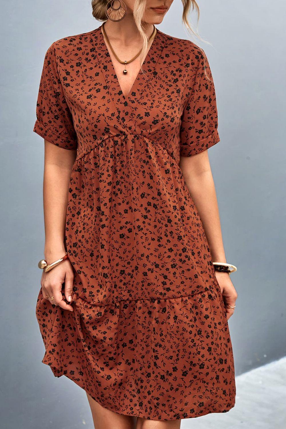 Ditsy Floral Empire Waist Plunge Short Sleeve Dress - Trendsi