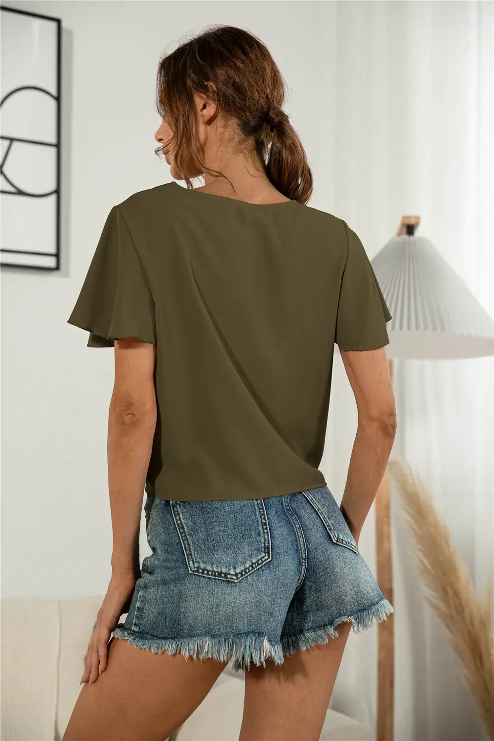 Decorative Button V-Neck Tied Blouse - Trendsi - Flyclothing LLC