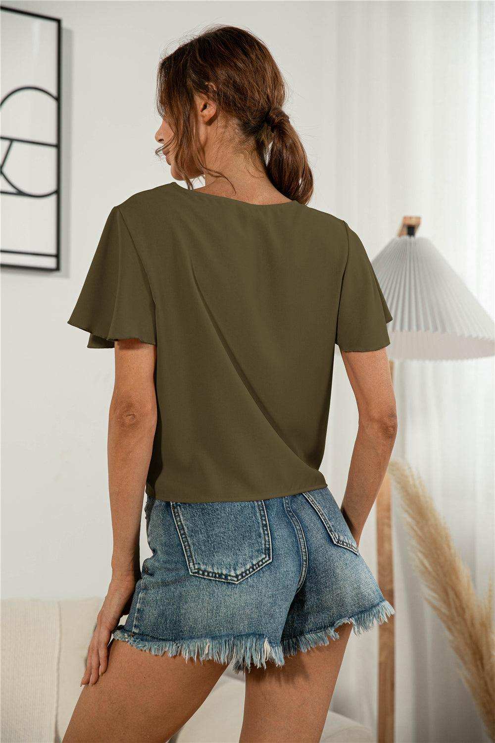 Decorative Button V-Neck Tied Blouse - Trendsi - Flyclothing LLC