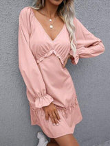 Frill V-Neck Flounce Sleeve Ruffle Hem Dress - Trendsi - Flyclothing LLC