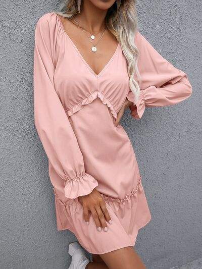 Frill V-Neck Flounce Sleeve Ruffle Hem Dress - Trendsi - Flyclothing LLC