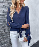 V-Neck Tie Cuff Slit Blouse - Trendsi - Flyclothing LLC