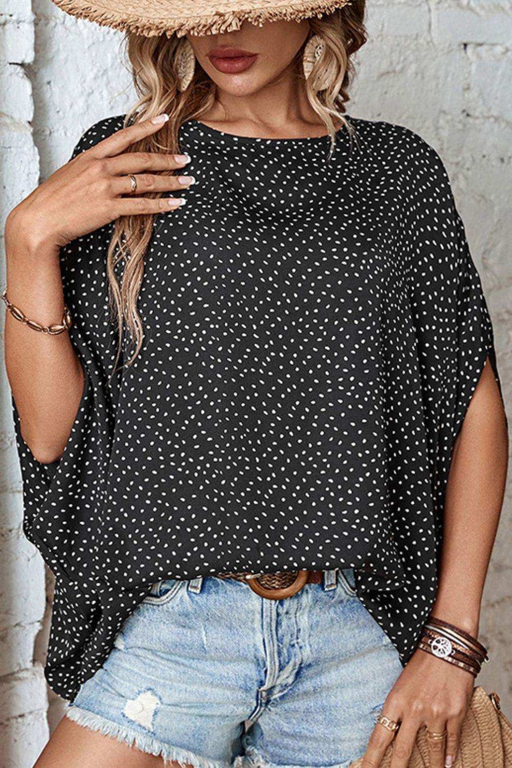 Printed Dolman Sleeve Round Neck Blouse - Trendsi