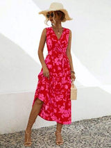 Tied Printed Surplice Tiered Dress - Trendsi - Flyclothing LLC