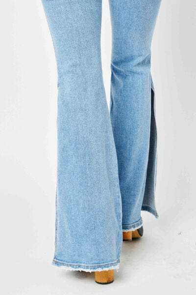 Judy Blue Full Size Mid Rise Raw Hem Slit Flare Jeans - Trendsi - Flyclothing LLC