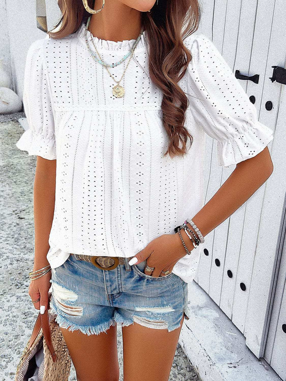 Eyelet Mock Neck Flounce Sleeve Blouse - Trendsi - Flyclothing LLC