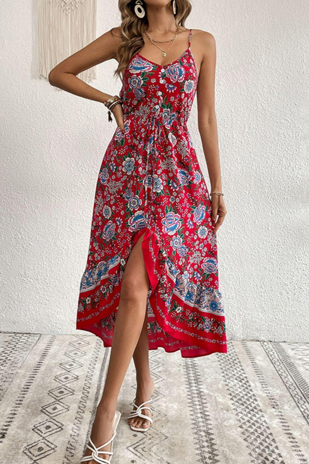 Bohemian Decorative Button Spaghetti Strap Dress - Trendsi