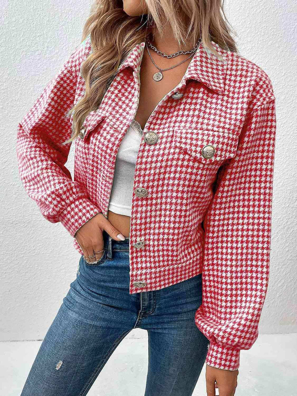 Houndstooth Collared Neck Button Up Jacket - Trendsi - Flyclothing LLC