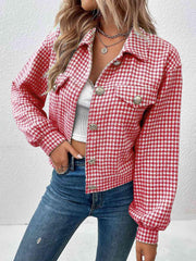 Houndstooth Collared Neck Button Up Jacket - Trendsi