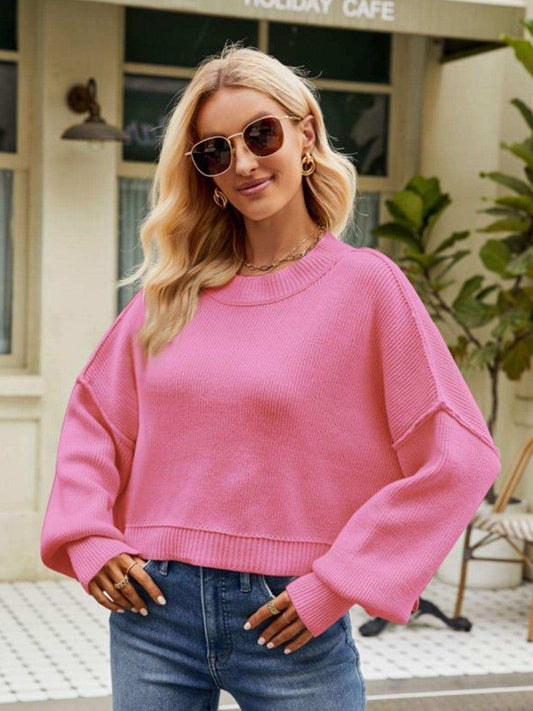 Round Neck Dropped Shoulder Sweater - Trendsi - Flyclothing LLC