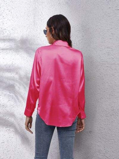 Button Up Collared Neck Long Sleeve Shirt - Trendsi - Flyclothing LLC