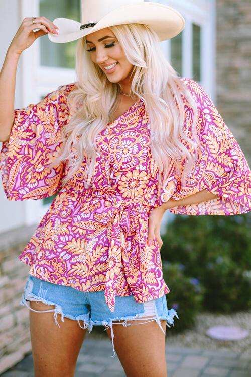 Floral V-Neck Tie Front Ruffled Blouse - Trendsi - Flyclothing LLC