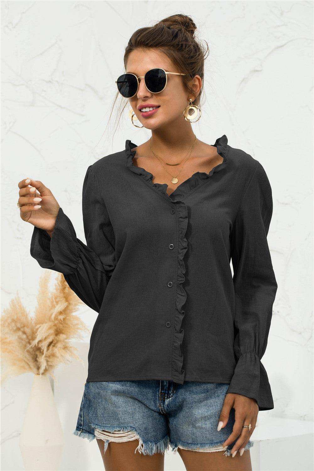 Frill Trim V-Neck Flounce Sleeve Shirt - Trendsi - Flyclothing LLC
